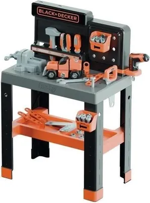 Produktbild von Werkbank, Bricolo Pro Black + Decker Smoby, 75+ Zubehörteile, 7 Werkzeuge, Mechanischer Schraubendreher, Ab 3 Jahren