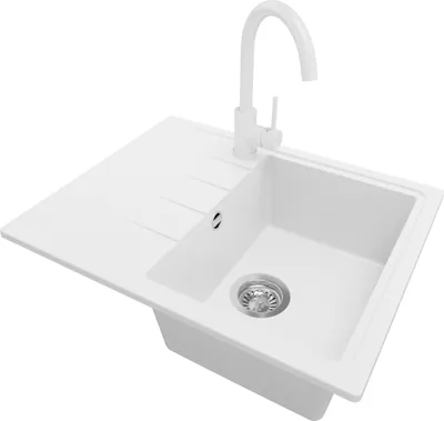 Produktbild von PRIMAGRAN Granitspüle Weiß 62x50cm, Spülbecken 1 Becken + Küchenarmatur 32x20cm + Ablauf-Set, Küchenspüle ab 40er Unterschrank - Mailand
