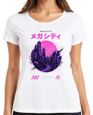 Immagine prodotto di Maglietta da donna, stile "megacity", ispirata alla moda giapponese cyberpunk, synthwave, anni '80 e Y2K, colore bianco, taglia L