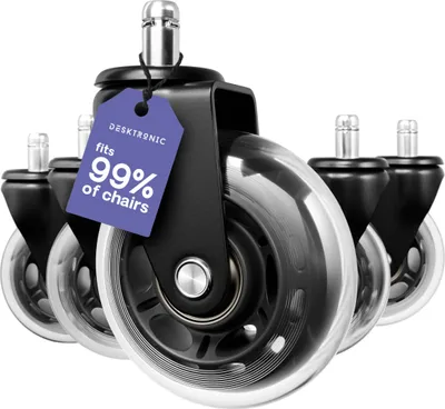 A set of five office chair casters, with one in the foreground prominently displaying a tag.