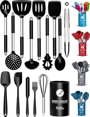 Immagine prodotto di Set di utensili da cucina, 14 pezzi, nero, resistente al calore, acciaio inossidabile