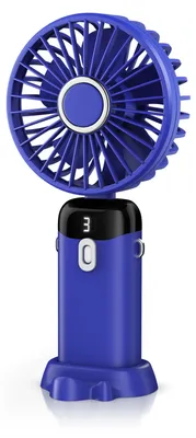 A blue handheld fan with a digital display and a stand.
