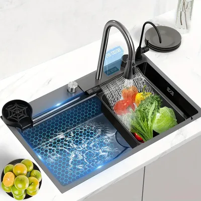 Produktbild von Wasserfall-Spüle – Einzelne Spüle – Edelstahl-Küchenspüle – Integriertes Display – Ausziehbare Armatur