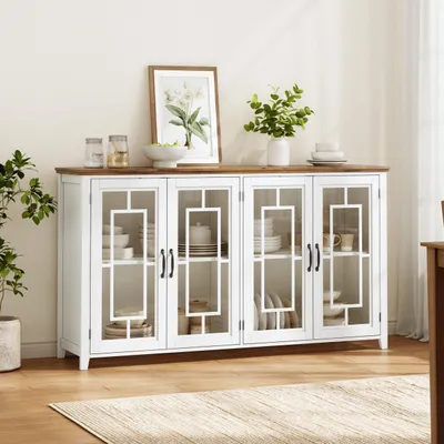 Produktbild von Merax Sideboard Kommode mit Glastüren, Küchenschrank mit Holzoptik Arbeitsplatte, großer Stauraum, Wohnzimmerschrank mit Kippsicherung aus MDF, Weiß