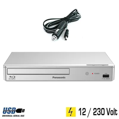 A silver Panasonic Blu-ray player is shown with a car charger cable and power adapter. Text and logos are present at the bottom.