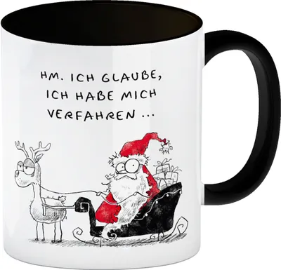 Produktbild von Weihnachtsmann im Schlitten Kaffeebecher in schwarz mit Spruch Habe mich