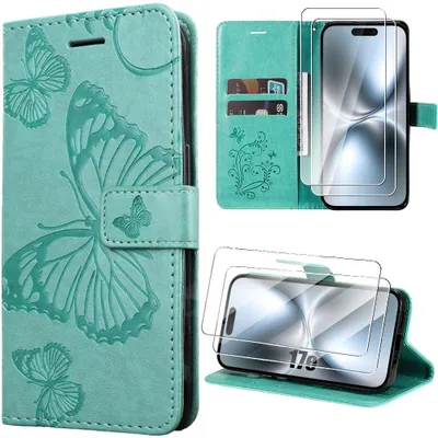 Image de Coque + 2 Verres Trempés pour iPhone 17e, Protection Antichoc Synthécuir Motif Papillon - Vert