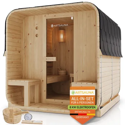 Produktbild von Artsauna Fasssauna Nolvik XXL, mit 8 kW Ofen & Zubehör für Garten, Cube Design