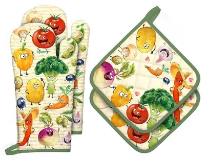 Immagine prodotto di Set da cucina da 4 pezzi in cotone con motivo vegetale: 2 guanti da forno (17x31 cm) e 2 presine (20x20 cm), resistenti al calore fino a 260°C