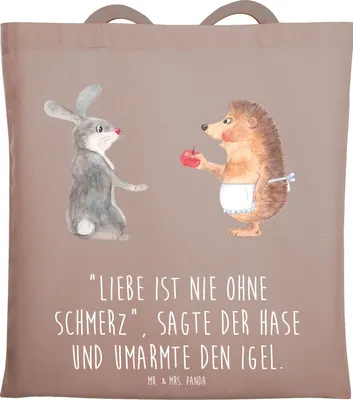 Produktbild von Mr. & Mrs. Panda Tote Bag Hase Igel - Braun Pastell - Geschenk, Trösten, Shopping Tasche, Büchertasche, Jutebeutel, Laptoptasche, Lustige Sprüche, und, Herzschmerz