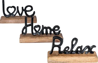 Produktbild von 3er Set Schriftzug Love Home Relax Schwarz Mango Holz Metall Aufsteller Deko