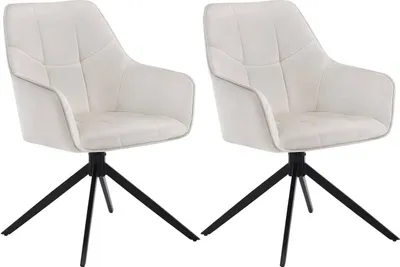 Two beige upholstered swivel chairs with black metal bases are shown against a white background.
