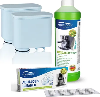 A product shot of cleaning supplies for coffee machines, including water filters, descaling liquid, and cleaning tablets.