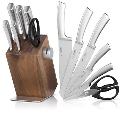Image de Bloc à couteaux Arendo avec couteaux, 6 pièces, bloc en bois, couteaux en acier inoxydable, avec aiguiseur et ciseaux, aiguiseur en céramique, manches ergonomiques, lavable au lave-vaisselle