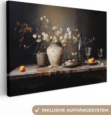 Produktbild von MuchoWow® - Leinwandbilder - Stilleben - Blumen - Blumenstrauß - Vase - Wein, Wandbild, Wanddeko Bilder Wohnzimmer, 120x80 cm