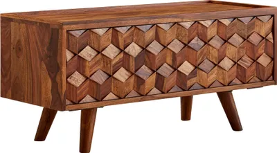 Produktbild von WOHNLING Lowboard Sheesham Massivholz 92x44x35 cm TV-Kommode mit Klapptür, Design TV-Schrank Hoch, Fernsehtisch Fernsehschrank Modern, Fernsehkommode Wohnzimmer