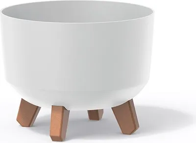 A white planter pot with three brown wooden legs, shown against a white background.