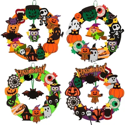 Productafbeelding van Halloween krans knutselset voor kinderen, 4 stuks, vilt, zelf te maken decoraties, feestversiering