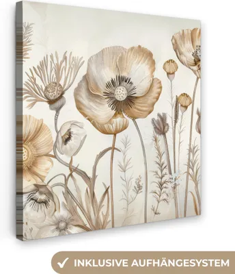 Produktbild von MuchoWow® - Leinwandbilder - Blumen - Beige - Natur - Illustration, Wandbild, Wanddeko Bilder Wohnzimmer, 90x90 cm