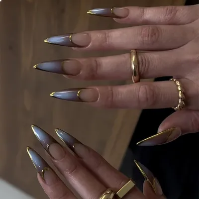 Immagine prodotto di Unghie lunghe a stiletto, french tip marrone ombré, gel cromato, forma a mandorla, 24 pezzi