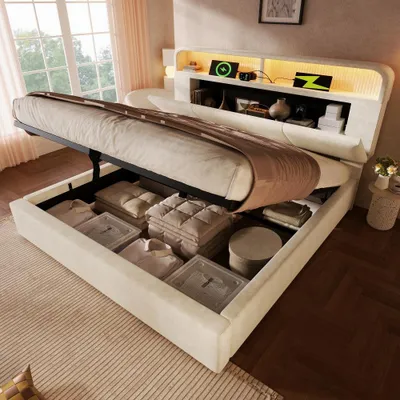 Produktbild von Polsterbett 180x200cm aus Samt in Beige mit höhenverstellbarem Stauraum-Kopfteil, LED-Beleuchtung, USB/Type-C Ladestation und Lattenrost