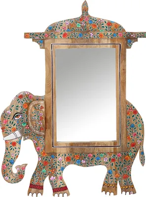 Produktbild von Marrakesch Bunter Unikat Wandspiegel aus Holz 90cm groß | Indische Dekoration Wanddeko für Wohnzimmer, Schlafzimmer und Badspiegel im Bad | Elefanten Deko Flur Spiegel Akshara Bunt mit Holzrahmen