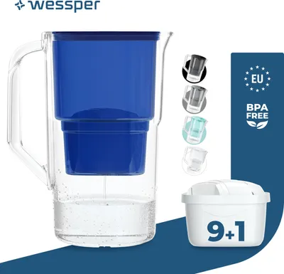 Produktbild von Wessper Wasserfilterkanne 2.8 L Kompatibel Mit Brita Maxtra, Wasser Filtersystem zur Reduzierung von Kalk, Chlor | + 10x Wasserfilter Blau