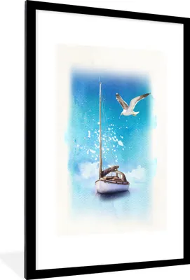 Produktbild von MuchoWow® MuchoWow® Gerahmtes Poster Boot - Meer - Möwe 60x90 cm - Poster mit zchwarzem Bilderrahmen - Dekoration - Wandposter Wohnzimmer - Hochwertig