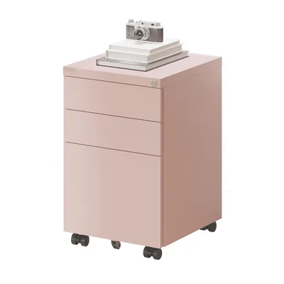 A pink filing cabinet with three drawers, topped with a stack of books and a vintage camera.
