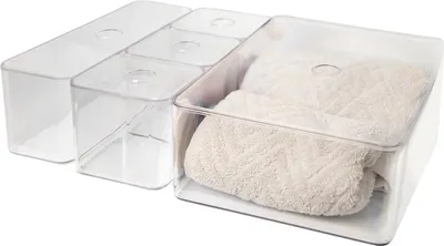 Produktbild von Badezimmer Organizer transparent mit Deckel - 5er Set - Aufbewahrungsboxen aus Kunststoff mit 3 Größen