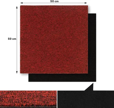 A red carpet tile is shown with dimensions indicated. A black carpet tile is partially visible underneath.