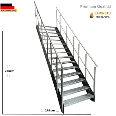 Obrázek produktu pro Podélné schodiště Ocelové schodiště Mřížové stupně 15 stupňů se zábradlím na obou stranách Pozinkované a podélníky antracit RAL 7016 (š x v x h) 120 x 285 x 291 cm