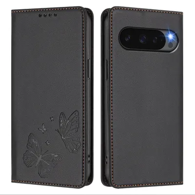 Image de Étui en cuir pour Google Pixel 11 Pro XL, avec motif papillon, type portefeuille rabattable avec support. Couleur : noir
