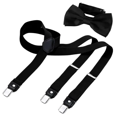 Produktbild von DonDon Herren Y-förmiger schmaler 2,5 cm Hosenträger elastisch und verstellbar im 2er Set mit farblich passender Fliege 12 x 6 cm - Schwarz