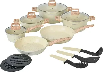 Image de batterie de cuisine antiadhésive en granit 15 pièces, poignées en bois