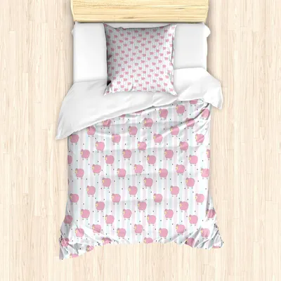 Image de Ensemble housse de couette ABAKUHAUS pour chambre d'enfant, mignons moutons abstraits avec rayures et petits cœurs, 135 x 200 cm + 80 x 80 cm, rose bébé bleu bébé