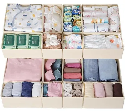 Productafbeelding van Opbergers voor laden, set van 16, beige, inklapbaar, geschikt voor kasten en kledingkasten, 12 cm hoog