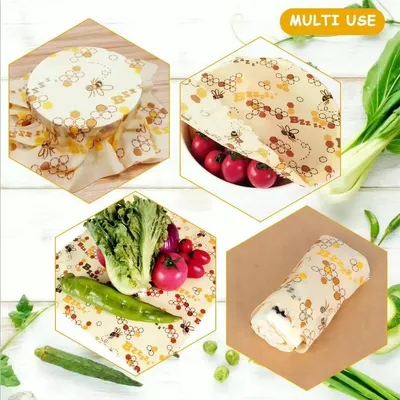 Image de CHPN – Films alimentaires – Tissu ciré pour aliments – Papier alimentaire – Film en cire d'abeille – 6 pièces – Film alimentaire réutilisable – 3 tailles