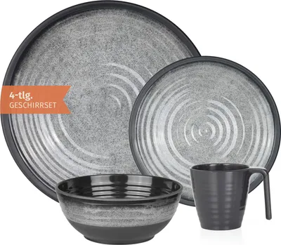 Produktbild von Camping Geschirr Set 1 Person 4-teilig | Melamin | Picknick Geschirrset | Campinggeschirr Stone Grey Design