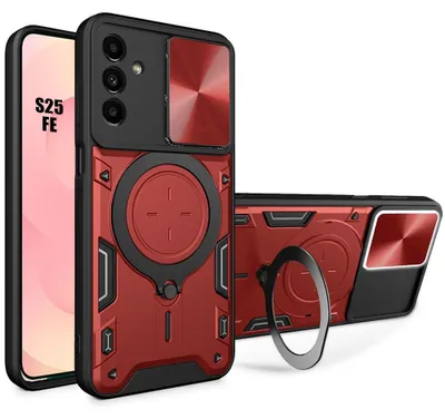 Image de Coque pour Samsung Galaxy S25 FE, Antichoc avec Anneau et Protection Objectif Coulissante - Rouge