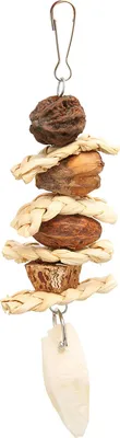 Immagine prodotto di Giocattolo da masticare per uccelli, fatto a mano, foglie di mais, noci, ossa di calamaro, pappagallo appeso con ganci in acciaio inox