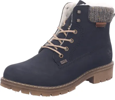 A single blue boot with a brown sole and laces, set against a white background.