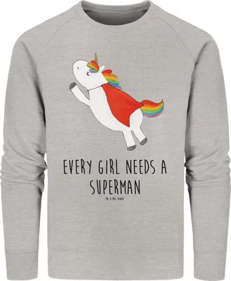 Produktbild von Mr. & Mrs. Panda Baumwoll Pullover Einhorn Super Größe M - Heather Grey - Geschenk, Pulli, Einhörner, Sweater, Superheld, Sweatshirt, Unicorn, Held, Freundin, Bio