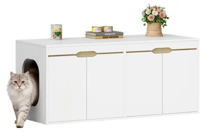 Produktbild von Katzenschrank für zwei Katzen, Katzentoilette mit Tür, Doppeltür, Beistelltisch, 120 x 50 x 53,4 cm, Weißeiche und Weiß, Modern