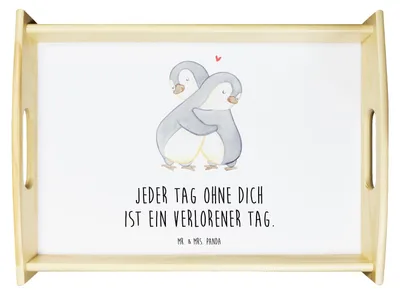 Produktbild von Mr. & Mrs. Panda Tablett Pinguine Kuscheln - Weiß - Geschenk, Mitbringsel, Dekotablett, Freundin, für Frauen, Sofa, zum servieren, Serviertablett, Valentinstag, Freund