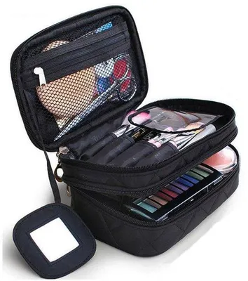 Produktbild von Kosmetikasatz - Make-up-Tasche mit Spiegel - 2 Ebenen - Mit praktischen Fächern - Toilettentasche - Schwarz