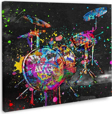 Produktbild von Street Art Schlagzeug  Pop Art Leinwandbild Wandbild Musik XL Wanddeko: 40x40x2cm