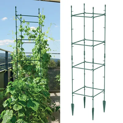 A split image showing a plant trellis with plants growing on it on the left, and a separate view of the empty plant trellis on the right.