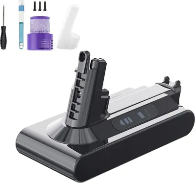 A vacuum cleaner battery and accessories are displayed on a white background.