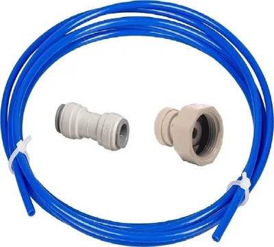 A blue tube with two connectors, laid out on a white background.